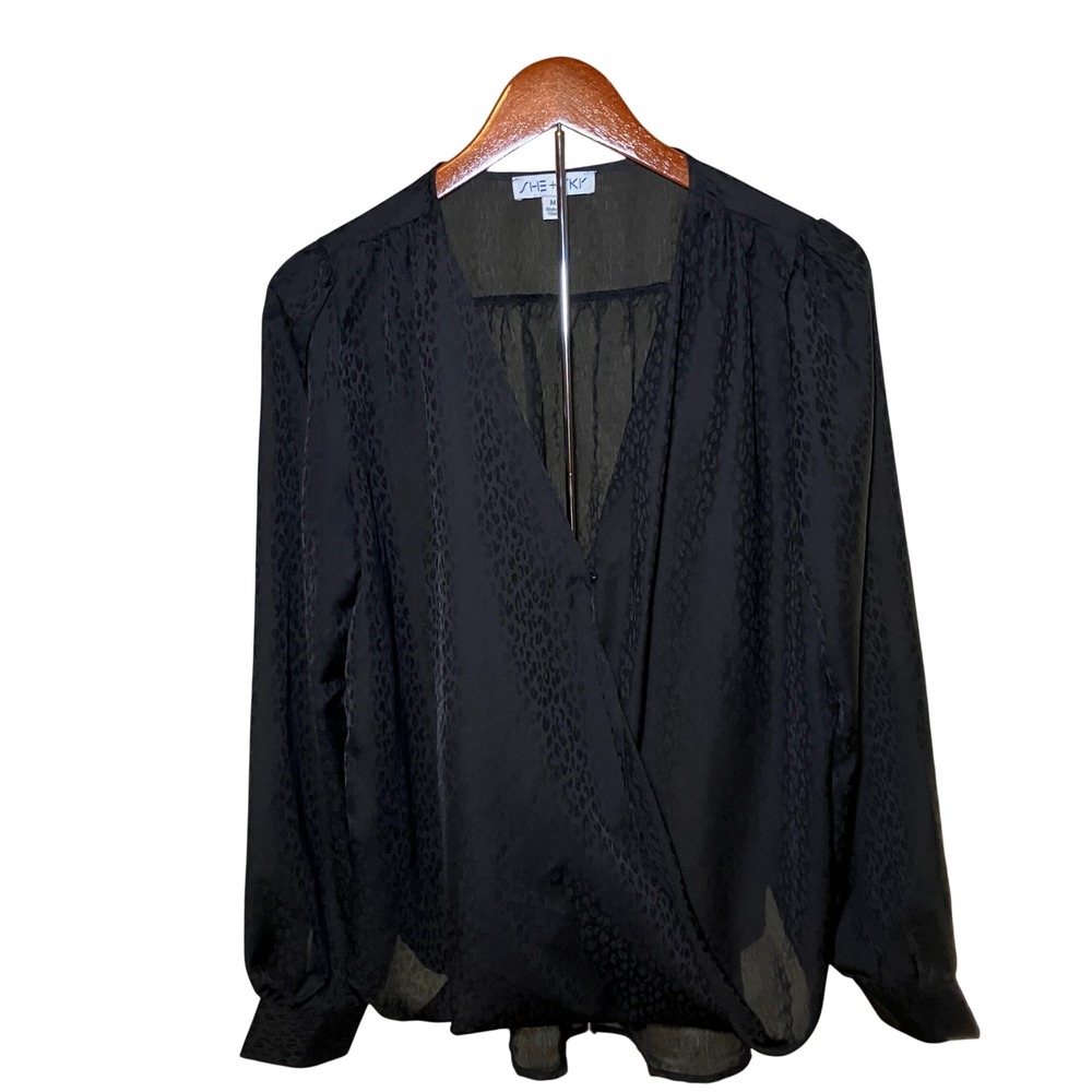 She+Sky Wrap Blouse Women Medium Black  Leopard Jacquard V-Neck Top